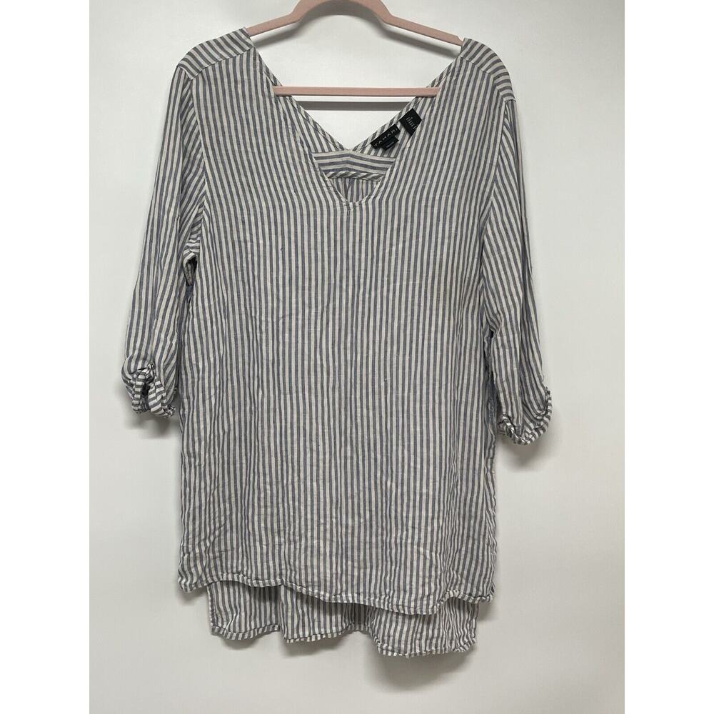 Tahari 100% Linen V Neck Stripe Tunic Blouse Women's Plus Size L Coastal Beachy